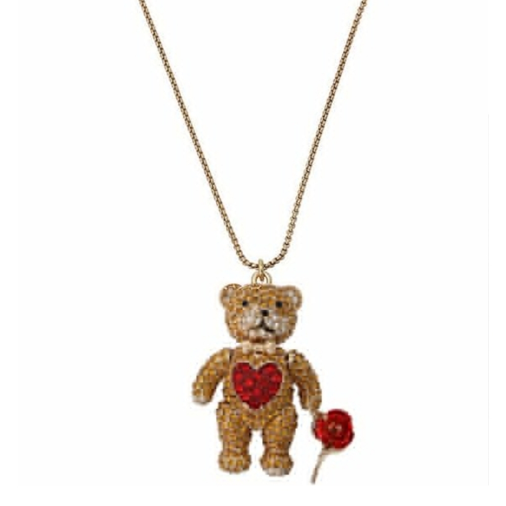 Betsey Johnson Valentines Bear Necklace pendant teddy bear brown with rose